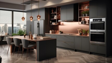 Modern kitchen with dark gray cabinets, a copper backsplash, and a wooden table in the middle.