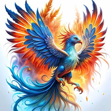 phoenix with blue wings emerging from fire , rebirth . Enlightenment and refreshment. Feeling of freedom.	