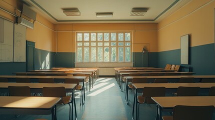 A classroom with a green board and empty chairs