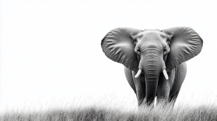 Naklejka premium elephant in tall grass, solid white background, copy space, black and white image