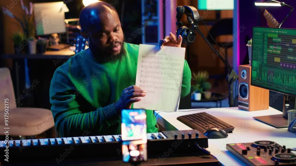 Aufkleber skilled performer explaining sheet with musical notes on online video tutorial, internet lessons in 