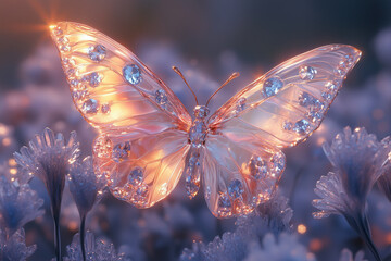 An enchanting butterfly with crystal wings fluttering delicately among crystal flowers. Crystal forest