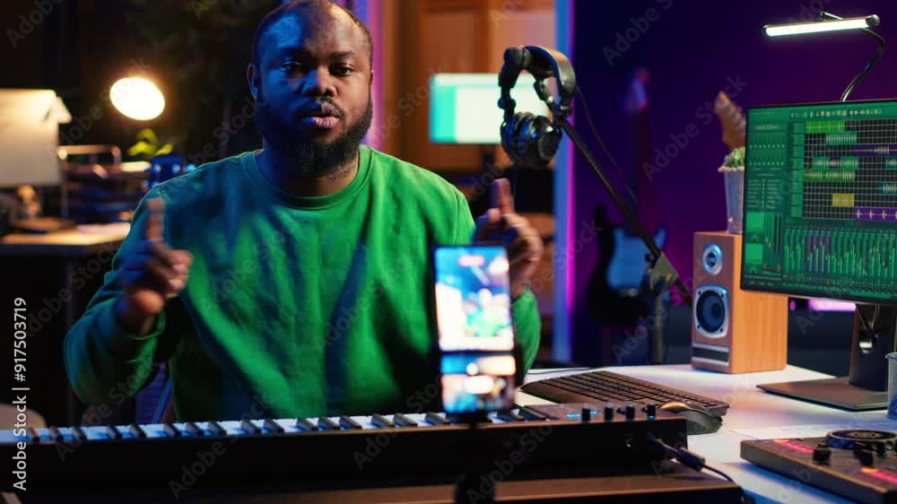 Leinwandbilder artist songwriter hosting online master class to teach piano lessons on internet vlog, electronic ke