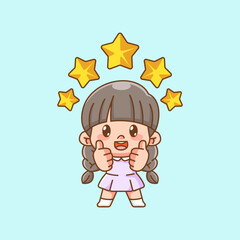 Cute happy little girl give thumbs up and five stars kawaii chibi character mascot