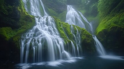 Serene Waterfall in a Lush Green Forest