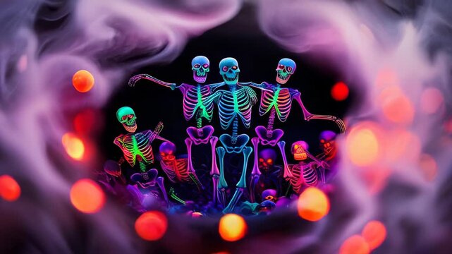 Halloween skeletons party in neon style. Dancing skeletons halloween background with blurred bokeh lights. Copy space template backdrop