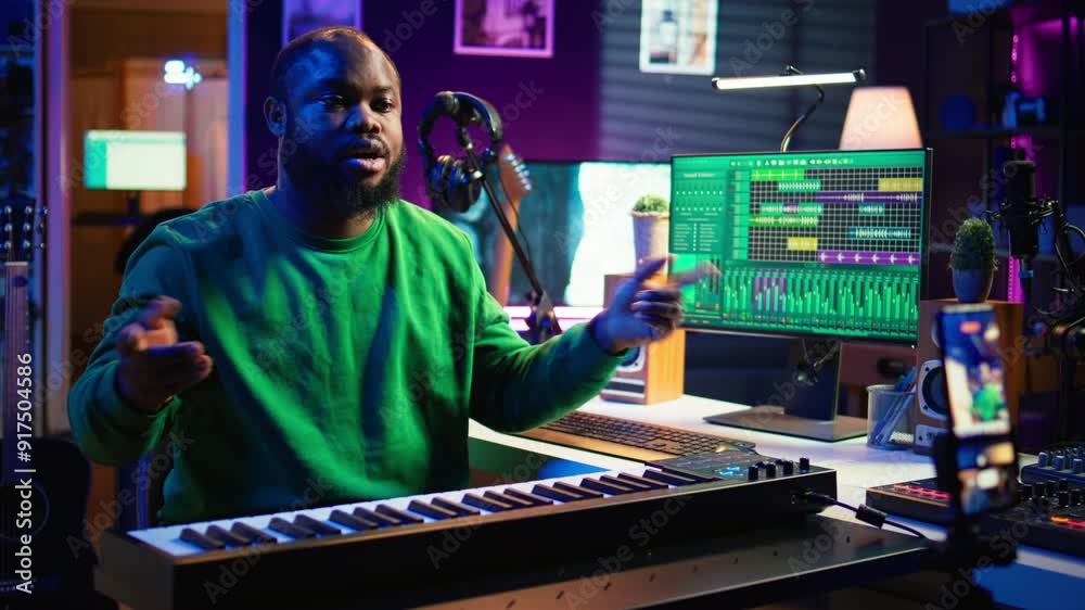 Leinwandbilder artist songwriter hosting online master class to teach piano lessons on internet vlog, electronic ke