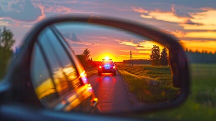 Reflection of a police car with blue and red flashing lights in a car mirror during a stunning sunset. Captured on a rural road with serene surroundings. 