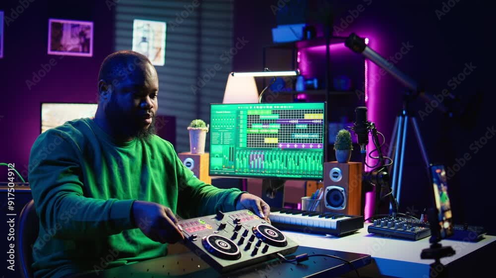 Leinwandbilder Music producer explaining faders and knobs on mixing console before teaching advanced post production stuff. Musical instructor gives advice about acoustical engineering, online vlog. Camera B.