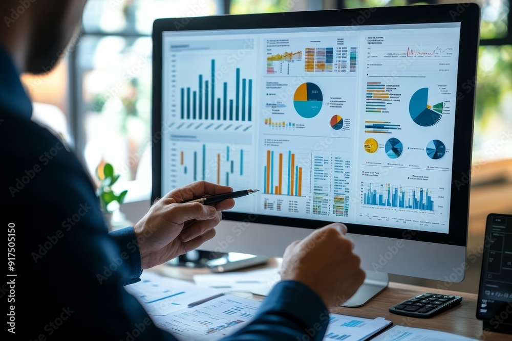 Wall mural business finance data analytics male worker analyzing graphs and charts on computer screen