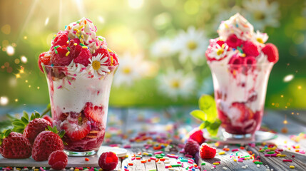 A vibrant scene of strawberry and raspberry ice cream sundaes in tall glasses, topped with whipped cream, berries, and sprinkles, set on a picnic table with a garden background