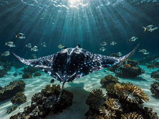 a manta ray suspended in the turquoise ocean
