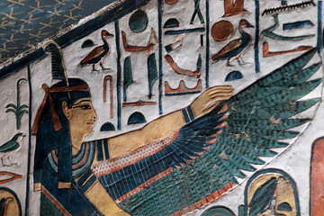 Scene from the tomb of Nefertari depicting the goddess Ma’at. Valley of queens. Luxor. Egypt.