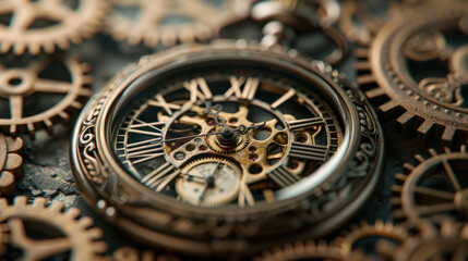 Obraz premium A vintage pocket watch surrounded by complex clockwork gears, soft light highlighting the watch face, pocket watch centered, gears forming a radial pattern around it