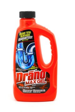 Drano Max Gel chemical Drain Cleaner. Product clears sewer drain pipe blockage.