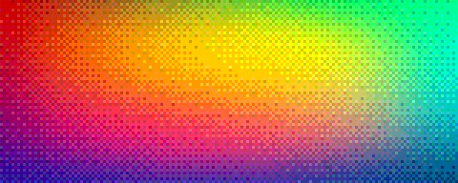 Pixelated rainbow blurred saturated gradient background with dithering effect. Colorful pixel art mosaic texture in summer tone. Vintage retro video game background. Vector illustration in 8-bit style