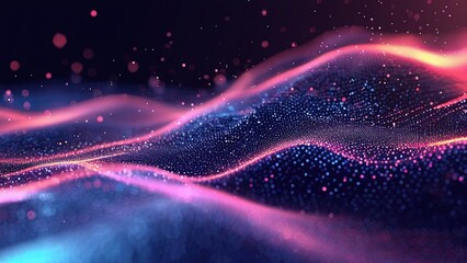 Abstract digital waving 3d particle technology background design. Futuristic moving dots particles, hi-tech and big data visualization for brochures, flyers, magazine, business card, banner. Vector.