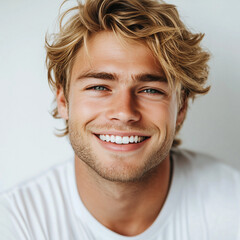Portrait of a pretty smiling blond hair man model on white background