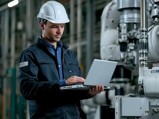 Engineer operating industrial robot in factory, shot on sony a7 for professional stock photo