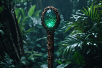 Glowing crystal in lush jungle