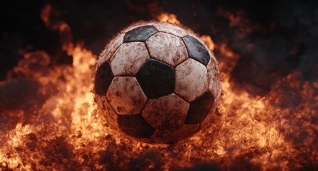 Naklejka premium Worn soccer ball on fiery background