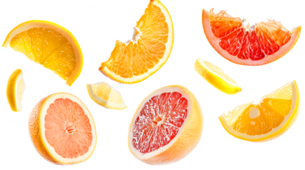 Assorted citrus fruit slices and wedges on transparent blank background. Fresh orange, lemon, grapefruit, and blood orange segments showcasing juicy pulp and vibrant colors in various cuts and angles.