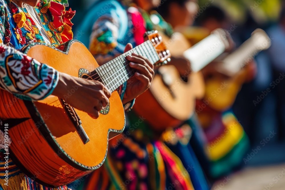 Wall mural colorful mexican traditional dance and music performance closeup of guitar players in fiesta parade