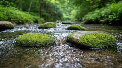 Serene forest stream with mossy rocks