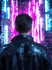 Obraz premium person in leather jacket standing in colorful city lights