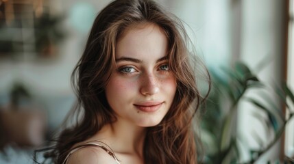Beautiful Woman Smiling Comfortably Indoors, Radiating Happiness and Warmth