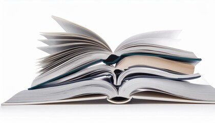 stack of open books on white background isolated