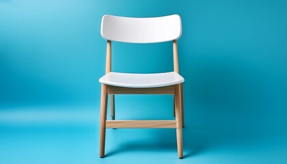 simple wooden chair with a white back and a seat on a blue background