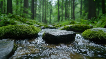 Serene forest stream with moss-covered rocks