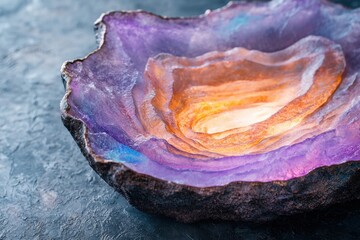 Vibrant agate geode with striking purple and orange hues