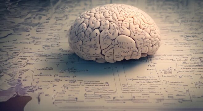 Abstract video of a space of particles consisting of various kinds of formulas handwritten notes and words associated with creative thinking a digital halographic image of the human brain 4k animation