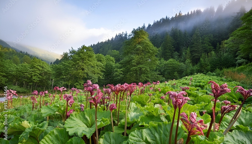 Wall mural the vibrant pink and purple hues of mountain rhubarb contrast against the deep green foliage of the surrounding trees