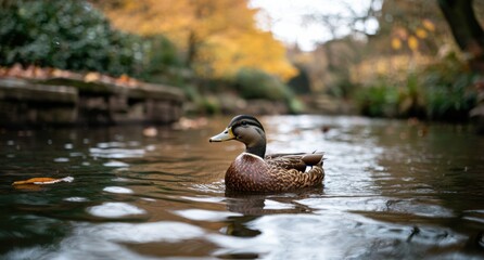 duck swimming in autumn pond