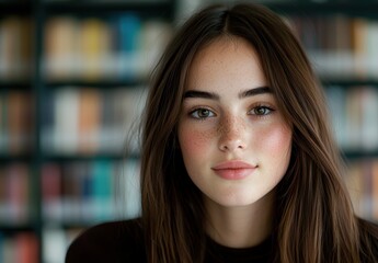 young woman with brown hair and freckles