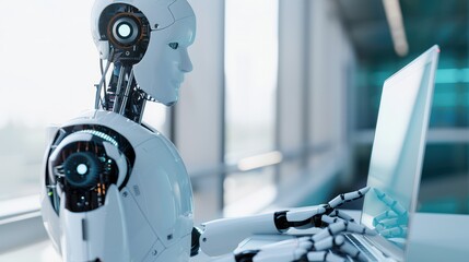Humanoid Robot Engaged in Task, A sophisticated robot seated at a desk, intently focused on a laptop, showcasing advanced technology and human-like features in its design.