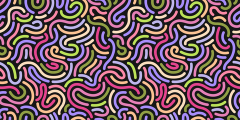Rainbow linear pattern on a black background. Memphis style. Funky confetti background. 80s Birthday. Donuts glaze, dessert backdrop. Curved lines. Celebration design. Wrapping paper. Fabric design.