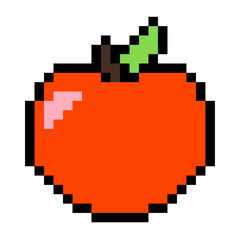 Red apple emoji. Pixel art vector icon. Isolated on white background. Vintage 8-bit texture. Minimalistic pixel graphic. Fruit symbol. Old style.  80s,90s video game object design. Back to school.