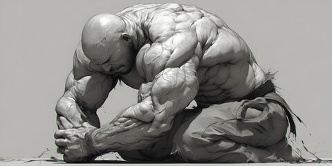 Muscular Figure Kneeling with Copy Space