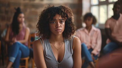 Obraz premium Woman Showing Emotional Distress in Support Group Therapy Session