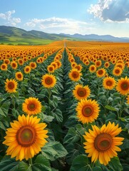 Obraz premium Vast sunflower field under clear blue skies. Rows of bright yellow sunflowers stretching to the horizon. A breathtaking view of nature. Perfect for nature enthusiasts and desktop wallpapers. AI
