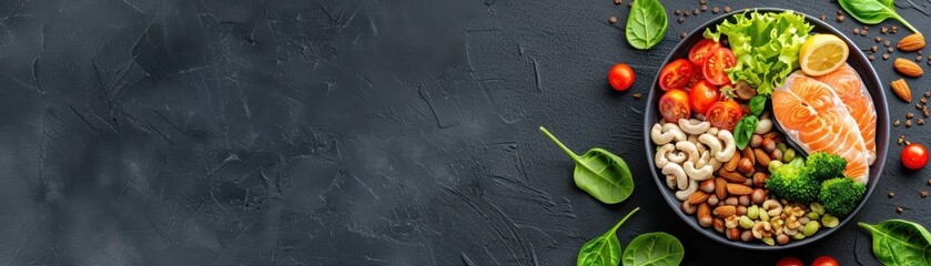 Fresh, colorful salad featuring salmon, nuts, vegetables, and greens on a dark background. Perfect for healthy eating concepts.