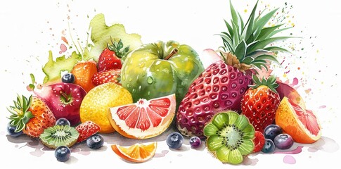Vibrant Fruit Medley. Colorful and detailed fruit watercolor painting