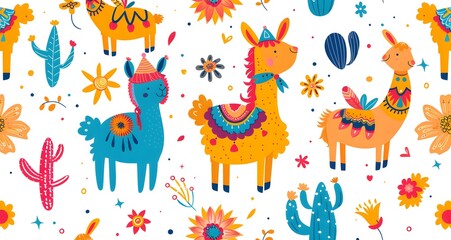 Colorful boho pattern with various cartoon llamas, cacti and flowers seamless, bright colors, clip art stickers, isolated, vector illustration