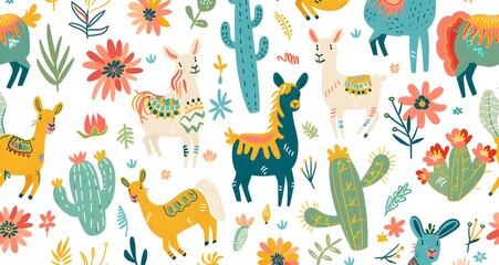 Colorful boho pattern with various cartoon llamas, cacti and flowers seamless, bright colors, clip art stickers, isolated, vector illustration