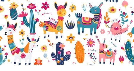 Obraz premium Colorful boho pattern with various cartoon llamas, cacti and flowers seamless, bright colors, clip art stickers, isolated, vector illustration