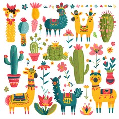 Obraz premium Colorful boho pattern with various cartoon llamas, cacti and flowers seamless, bright colors, clip art stickers, isolated, vector illustration